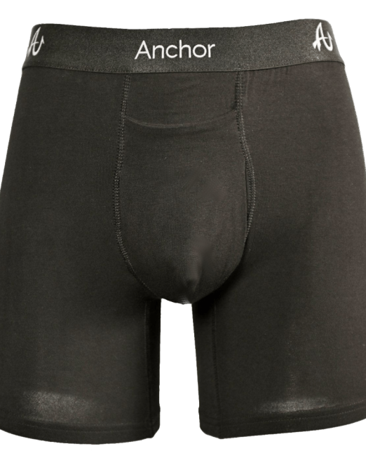 Black pair of Anchor Underwear boxer briefs on a gray mannequin. Picture taken from the front.