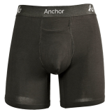 Black pair of Anchor Underwear boxer briefs on a gray mannequin. Picture taken from the front.