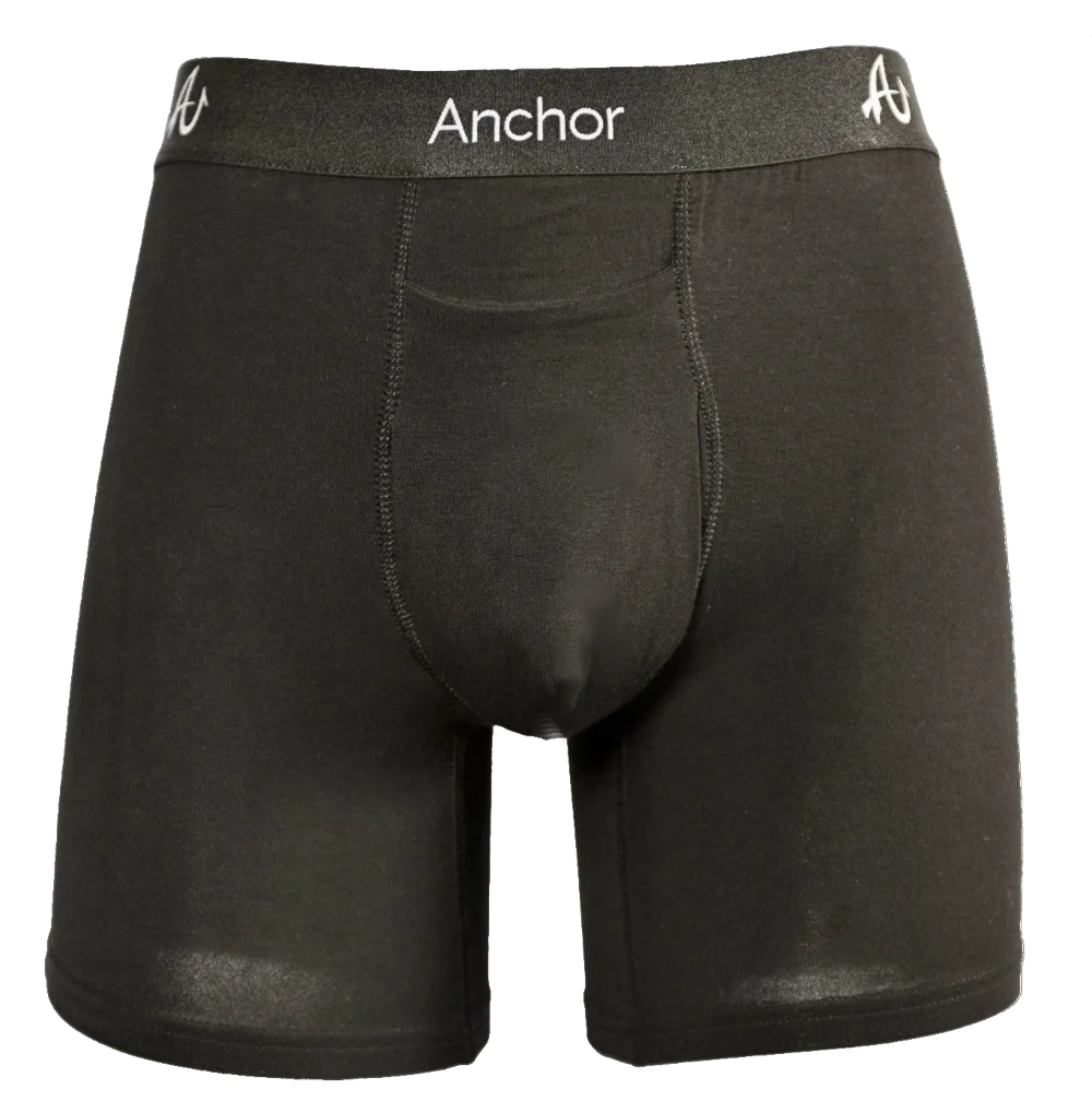 Black pair of Anchor Underwear boxer briefs on a gray mannequin. Picture taken from the front.