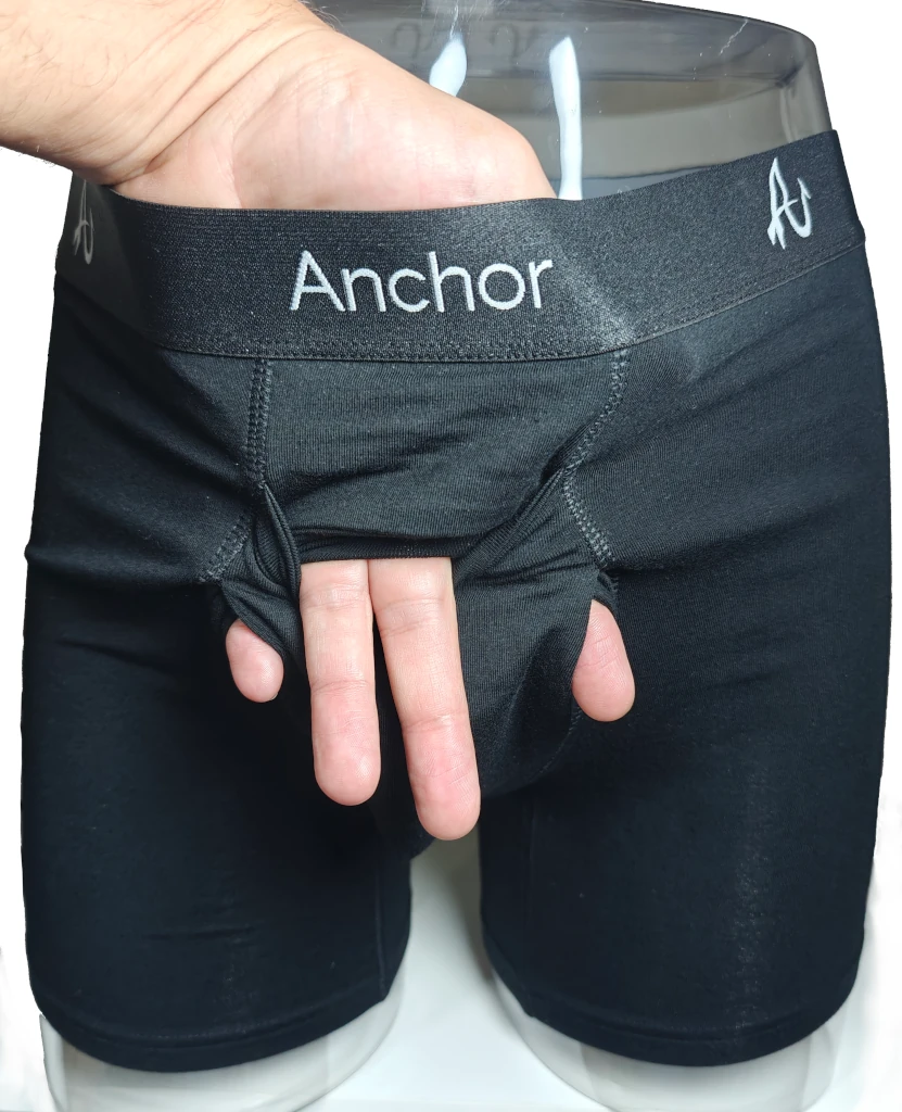 Anchor Underwear's showing adaptive underwear featuring its three-way fly with fingers of a hand coming out of each hole.