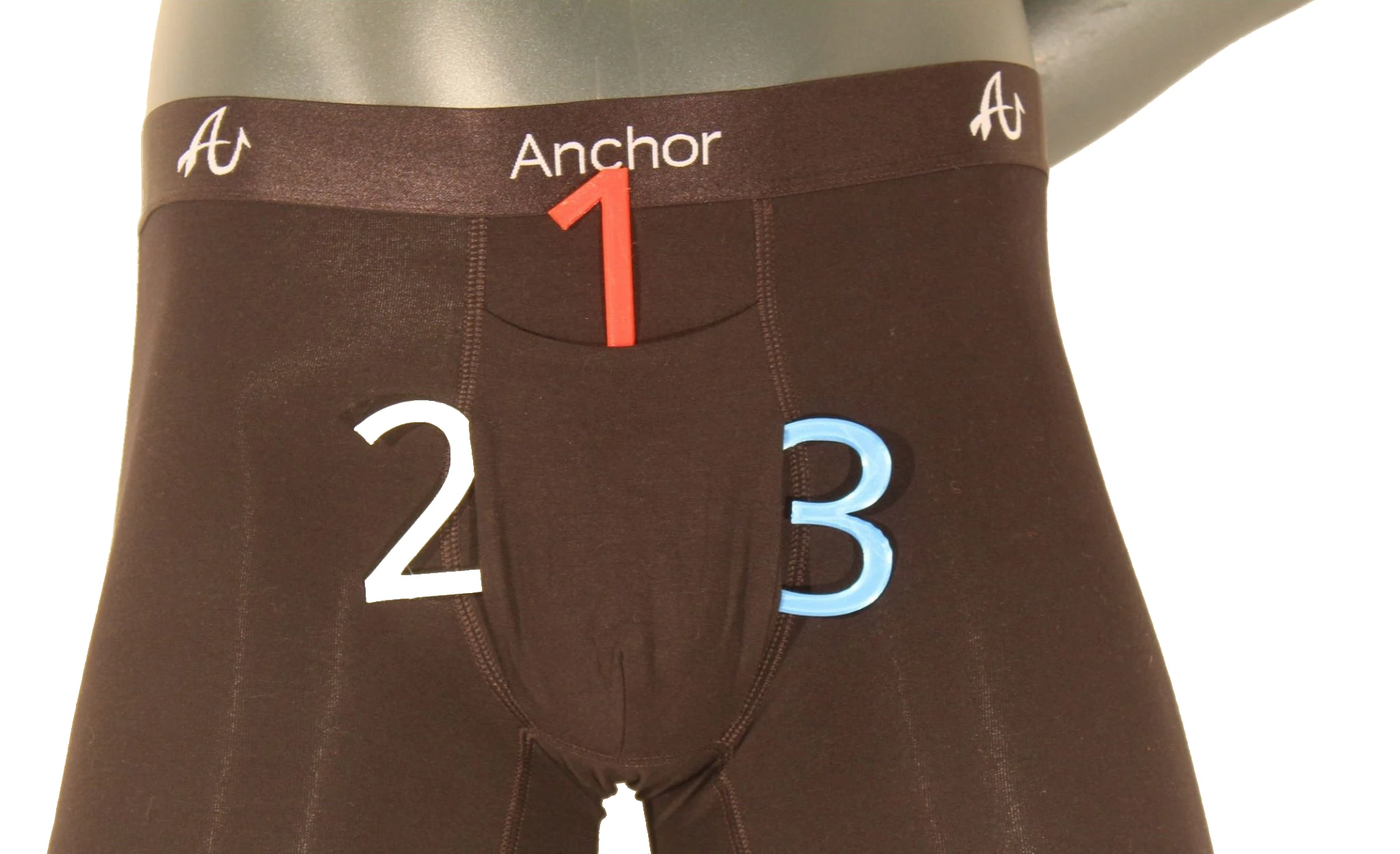 Anchor Underwear showing three-way fly with numbers 1, 2 and 3.