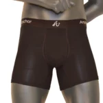 Mannequin_From_Front_2000x1200 Black pair of Anchor Underwear boxer briefs on a gray mannequin. Picture taken from the front.