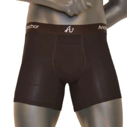 Black pair of Anchor Underwear boxer briefs on a gray mannequin. Picture taken from the front.
